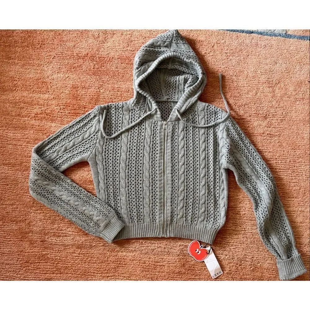 Cider Grey Knit Hoodie Cardigan Zip Front Eyelet Cable NWT Cotton Blend